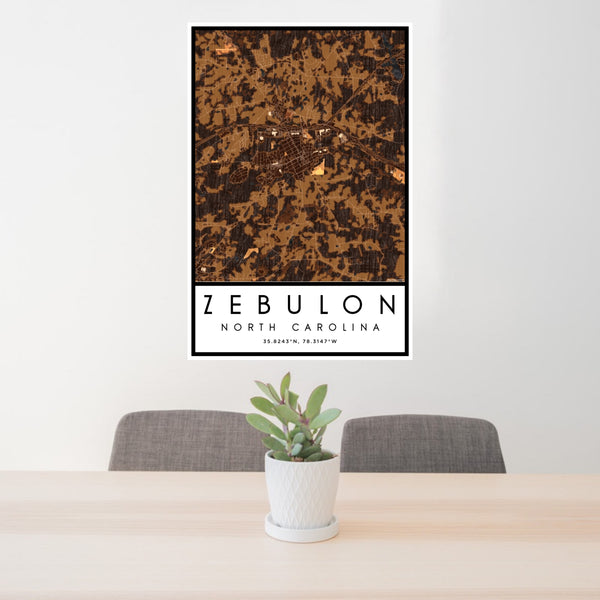 24x36 Zebulon North Carolina Map Print Portrait Orientation in Ember Style Behind 2 Chairs Table and Potted Plant