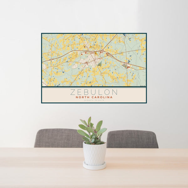 24x36 Zebulon North Carolina Map Print Lanscape Orientation in Woodblock Style Behind 2 Chairs Table and Potted Plant
