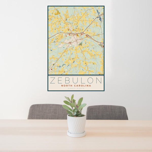 24x36 Zebulon North Carolina Map Print Portrait Orientation in Woodblock Style Behind 2 Chairs Table and Potted Plant