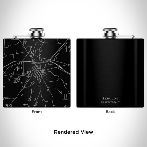 Rendered View of Zebulon North Carolina Map Engraving on 6oz Stainless Steel Flask in Black