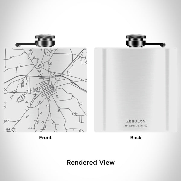 Rendered View of Zebulon North Carolina Map Engraving on 6oz Stainless Steel Flask in White