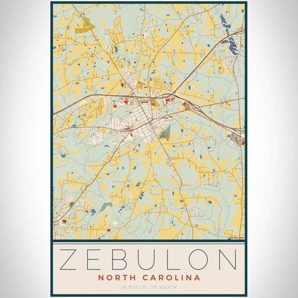 Zebulon North Carolina Map Print Portrait Orientation in Woodblock Style With Shaded Background